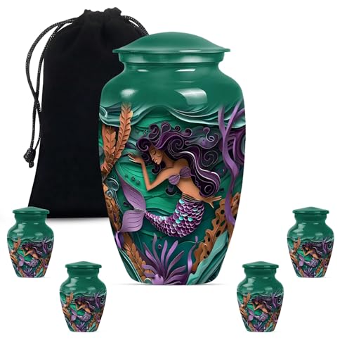 Memorial Mermaid Urn for Human Ashes Adult Woman - Cremation Urns for Ashes Adult Male - Burial Funeral Urns - Combo of 1pcs 10inch Large Urn with Velvet Bag and 4pcs 3inch Small Keepsake - color: Mermaid, size: 10 Inch + 3 Inch - Pack of 5