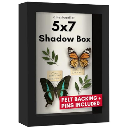 Americanflat 5x7 Shadow Box Frame with Shatter-Resistant Glass - Silhouette Collection - Small Shadow Box Display Case for Tabletop and Wall Display - Black with Soft Felt Back | Shatter-resistant glass, 1.5 inch interior depth, hangs vertical or horizont
