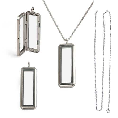 18 Inch Rectangle Glass Floating Living Memory Charms Locket, Single/Double Ring Alloy Pendant Necklace Link Chain Jewelry for Women - color: Silver, size: Single Ring