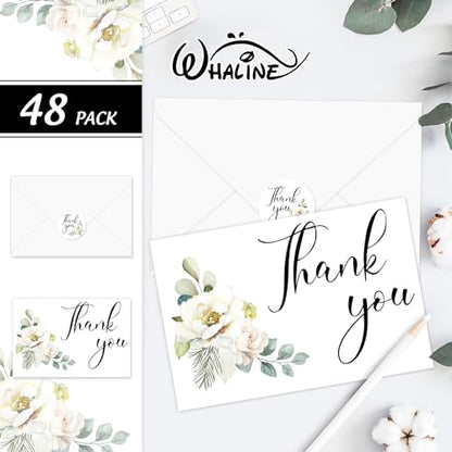 Whaline 48Pcs Funeral Thank You Cards White Floral Sympathy Thank You Card with Stickers Envelope Bereavement Note with Message for Memorial Service Loved Ones Celebration of Life