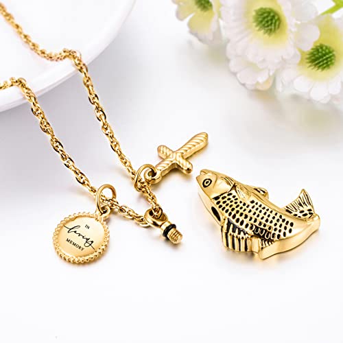 Dletay Fish Cremation Jewelry for Ashes Memorial Ashes Keepsake Necklace Urn Necklace Pendant - color: Gold-cross