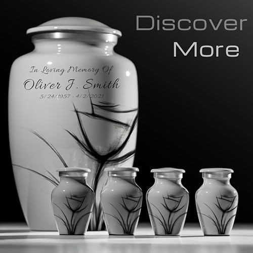 Custom Gray Flower Mini Urn – Personalized Text – Small 3" Keepsake Cremation Urn for Human Ashes – Drawn Tulip Design – Velvet Bag, Box & Funnel – Made in USA - color: Customized Gray, size: Small