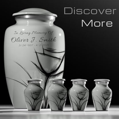 Custom Gray Flower Mini Urn – Personalized Text – Small 3" Keepsake Cremation Urn for Human Ashes – Drawn Tulip Design – Velvet Bag, Box & Funnel – Made in USA - color: Customized Gray, size: Small