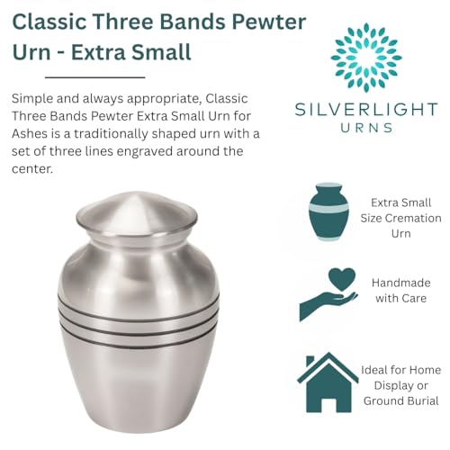 Classic Three Bands Pewter Cremation Urn for Ashes - Extra Small, Brass, Silver Urn, Extra Small Sized Cremation Urn, Child Urn, 8.25 Inches High - size: Extra Small Urn