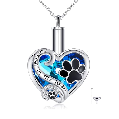 Pet Ashes Necklace 925 Sterling Silver Heart Urn Necklace with Paw Print Cremation Jewelry for Dog Cat Ashes