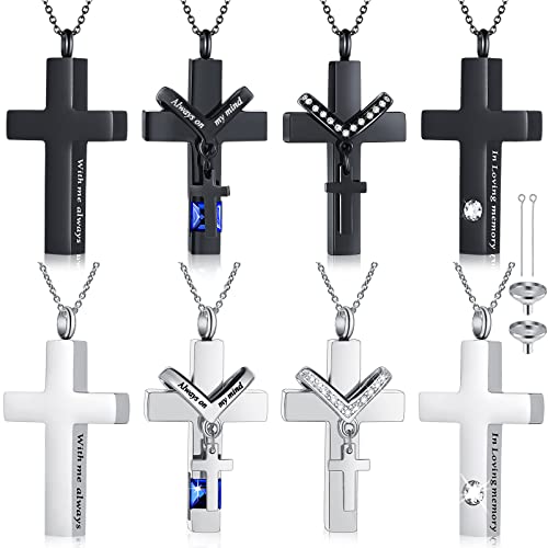 Yinkin 8 Pcs Urn Necklace for Ashes Cremation Cross Necklace Stainless Steel Cremation Jewelry Ashes Memorial Jewelry for Men Women - color: Black and Silver