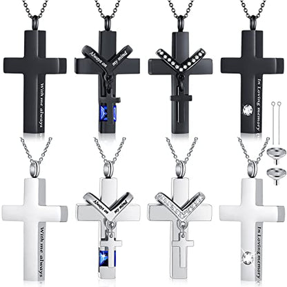 Yinkin 8 Pcs Urn Necklace for Ashes Cremation Cross Necklace Stainless Steel Cremation Jewelry Ashes Memorial Jewelry for Men Women - color: Black and Silver