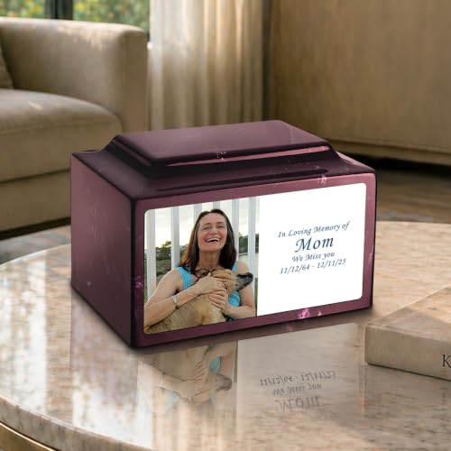 GetUrns Cultured Marble Urn Vault by Mackenzie with Personalized Picture and Text for Human Ashes I Merlot Adult Urns for Male and Female I 210lbs - color: Merlot