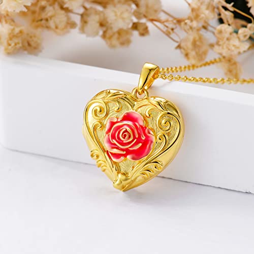 SOULMEET Sunflower/Rose/Daisy Heart Locket Necklace That Holds Pictures Keep Someone Near to You Sterling Silver/Gold Personalized Photo Locket Gift - style: A4-Gold enamel rose locket+photo+text