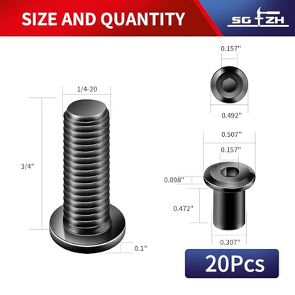 1/4-20 x 3/4" 20Pcs Flat Head Hex Socket Cap Screws Bolts Barrel Nuts Kit, 304 Stainless Steel 18-8, Full Thread, Black Oxide by SG TZH (with Hex Spanner) - color: Black, size: 1/4-20 x 3/4"