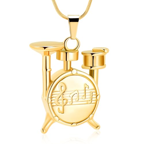 Memorial Cremation Jewelry for Ashes Music Drum Set Shaped Urn Necklaces for Human Dog Cat Keepsake Pendant Jewelry with Fill Kit - color: Gold