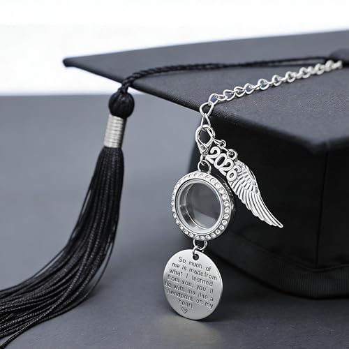 2026 Graduation Tassel Photo Charm Graduation Memorial Tassel Charm Photo Fram with in Loving Memory Card 2026 Graduation Gifts Personalized Memorial Tassel with Angel Wings (Silver) - color: Silver