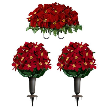Artificial Cemetery Flowers - Gravesite Memorial Arrangment - Red Poinsettia (1) Saddle (2) Bouquets (2) Vases - color: Red, size: (1) Saddle (2) Bouquets (2) Vases