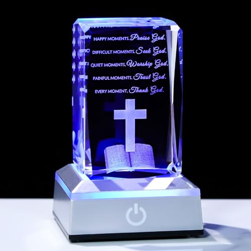 Movdyka 3D Crystal Christian Gifts for Women Men Faith, Inspirational Bible Verse Religious Gift Keepsake with Colorful LED Night Light, Get Well Spiritual Gifts Ideas for Birthday - color: Bible Verse（Happy moment）
