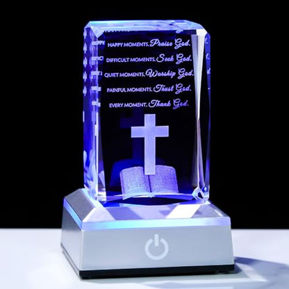 Movdyka 3D Crystal Christian Gifts for Women Men Faith, Inspirational Bible Verse Religious Gift Keepsake with Colorful LED Night Light, Get Well Spiritual Gifts Ideas for Birthday - color: Bible Verse（Happy moment）