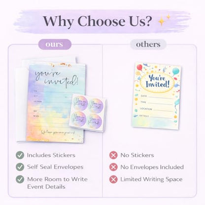 Paper 'n Such Blank Party Birthday Invitations With Envelopes For All Occasions, Set of 25 - Weddings, Bridal Showers, Engagement, Graduation, Fill In Colorful Watercolor Invites -Kids or Adults