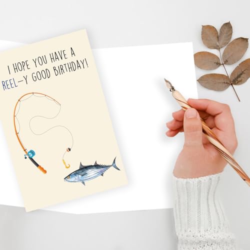 Funny Fishing Birthday Gift for Him Her, Fishing Pun Card for Men Women | Funny Birthday Card for Fishing Lovers, “REEL-y Good Birthday” Greeting Card with Envelope - color: New WY-238
