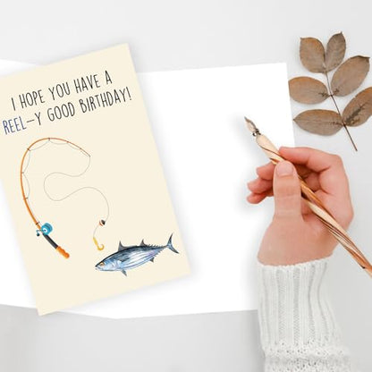 Funny Fishing Birthday Gift for Him Her, Fishing Pun Card for Men Women | Funny Birthday Card for Fishing Lovers, “REEL-y Good Birthday” Greeting Card with Envelope - color: New WY-238