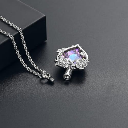 Cremation Jewelry for Ashes Rose Flower Urn Necklace with Crystal Heart Ashes Pendant Butterfly Necklaces for Women Men Memorial Keepsake Jewelry Gift - color: SilverB-purple