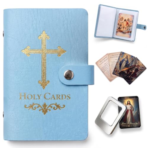 Catholic Faux Leather Holy Card Holder with 40 Prayer Cards & Box | 5.35 x 3.54 in, PU Leather Material, Gold Cross Design, Snap Closure, Pocket Size, for Religious Prayer Funeral Bible study - color: Blue