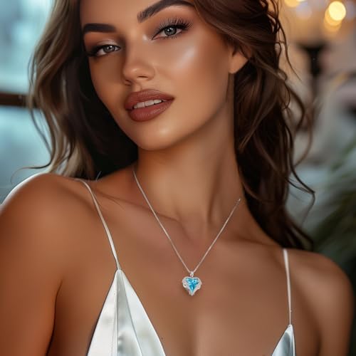 CDE Angel Wings Heart Birthstone Pendant Necklace Gift for Women | Silver/Gold Tone,Ideal Birthday & Anniversary Jewelry Gift for Wife,Girlfriend,Her - color: White-12a-Blue Zircon Birthstone
