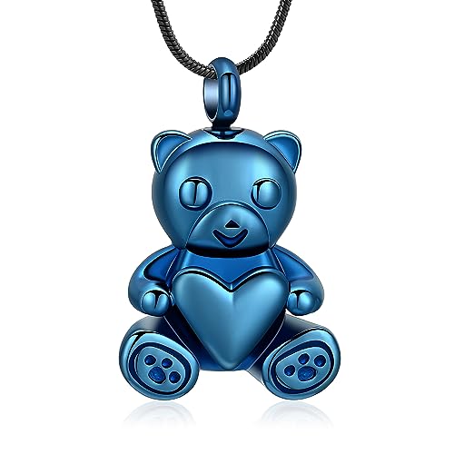 Cremation Jewelry - Teddy Bear Urn Necklace for Men Women with Mini Keepsake Urn Memorial Ash Jewelry - color: Blue