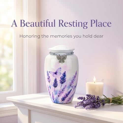Lavender Butterfly Urn for Ashes Adult Female, Large Metal | Filigree Charm With Glass Beads, Holds upto 220lb Adults, Velvet Bag, Screw Top Lid, Memorial Keepsake, For Men & Women - color: White