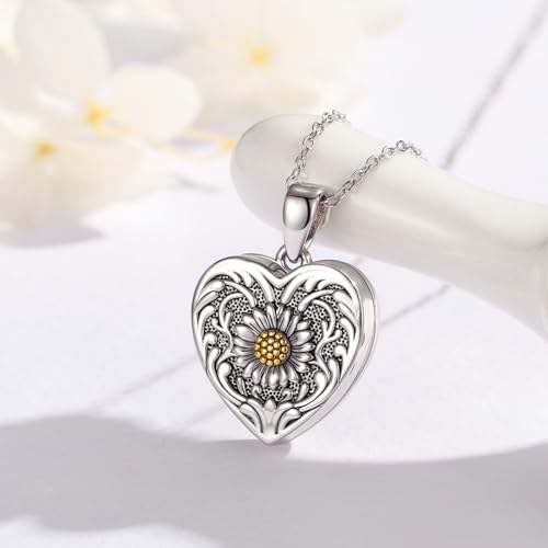 MEDWISE 925 Sterling Silver Locket Necklace That Holds Pictures Photo Necklace Oxidized Rose Flower/Sunflower/Compass/Celtic Heart Pendnat Lockets Gifts for Women Birthday Christmas Gifts - style: H-Daisy
