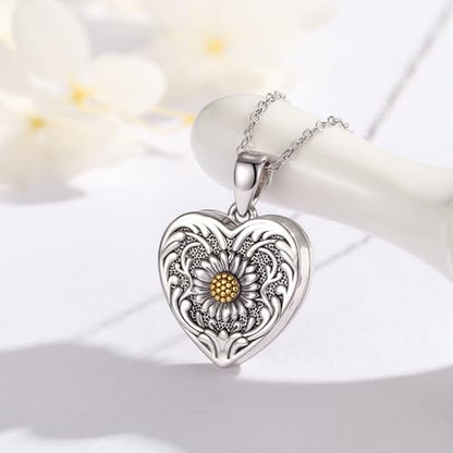 MEDWISE 925 Sterling Silver Locket Necklace That Holds Pictures Photo Necklace Oxidized Rose Flower/Sunflower/Compass/Celtic Heart Pendnat Lockets Gifts for Women Birthday Christmas Gifts - style: H-Daisy