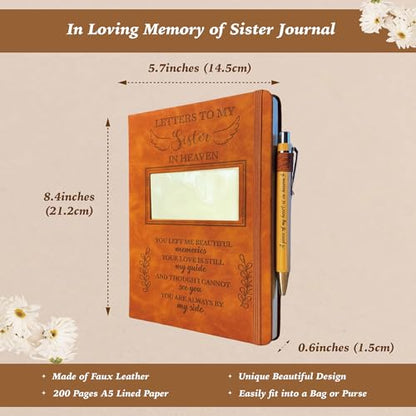 Sister Grieving Gift, Sympathy Condolence Remembrance Memorial Gifts | Letters To My Sister In Heaven Faux Leather Journal Window Cover 200 Pages A5 Lined for Family Friend Who Loss of Sister - style: Sister