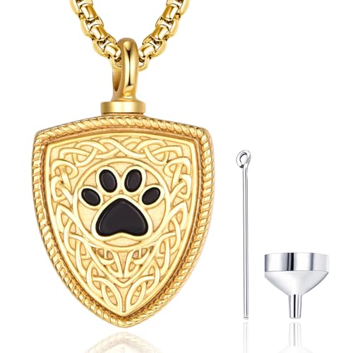 Pet Cremation Urn Necklace for Dog Cat Ashes 925 Sterling Silver Paw Print Keepsake Pendant Celtic Knot Memorial Jewelry for Women Men - style: 00B-Shield Urn-(Gold Plated)