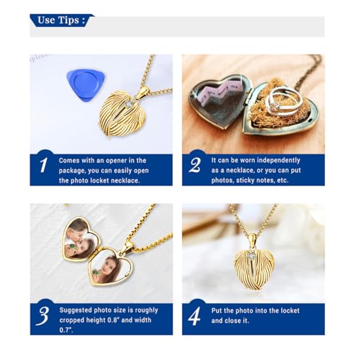 Picture Locket Necklace for Women Men Rose 14K Real Gold 925 Sterling Silver Jewelry Heart Locket Necklace that Holds Pictures Tree of Life Viking Wolf Celtic Knot St Christopher St Michael Pendant - color: G-Heart Wing Locket-Gold