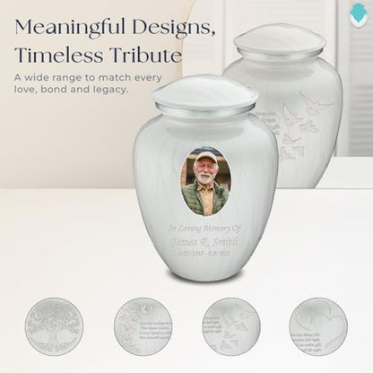Embrace Adult Personalized Doves Cremation Urns for Human Ashes I Large Picture Pearl White Funeral Urn for Adult Men and Women with Double Side Engraving I 200 lbs - color: _Pearl White (Double Sided)