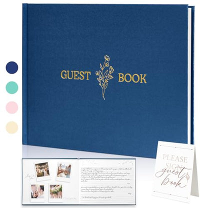 Wedding Guest Book, Polaroid Photo Guestbook for Baby Shower, 9x7.5" | Table Sign Included, Gold Stamping, Twill-Textured Hardcover, Perfect For Bridal Party & Baby Shower, Navy - color: Flower-navy