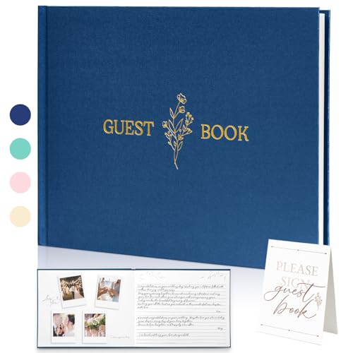 Wedding Guest Book, Polaroid Photo Guestbook for Baby Shower, 9x7.5" | Table Sign Included, Gold Stamping, Twill-Textured Hardcover, Perfect For Bridal Party & Baby Shower, Navy - color: Flower-navy