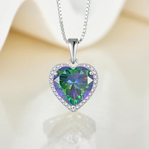925 Sterling Silver Halo Heart Necklace for Women | Lwsary Love Heart Necklace, Heart Cut Birthstone Jewelry for Her - color: Rainbow