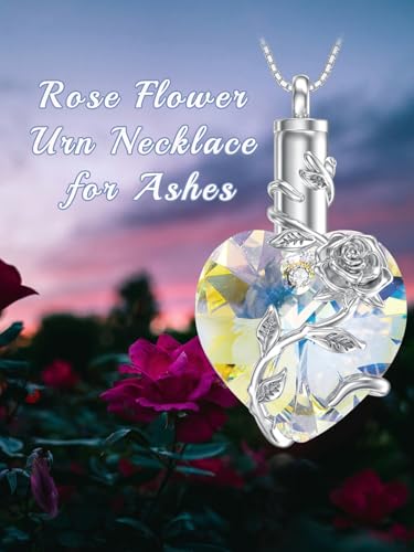 OCJ Heart Rose Flower Urn Necklace for Ashes Women Birthstone Cremation Necklaces Sterling Silver Memorial Cremation Jewelry Gifts - color: 04-April-Diamond
