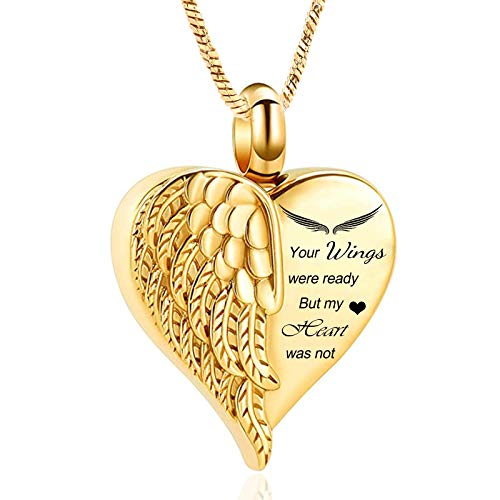 Yinplsmemory Love Heart Urn Necklace for Ashes Keepsake Memorial Cremation Jewelry Stainless Steel Angel Wing Heart Urn Locket Ashes Holder Memorial Urn Jewelry for Human/Pet Ashes - color: Gold