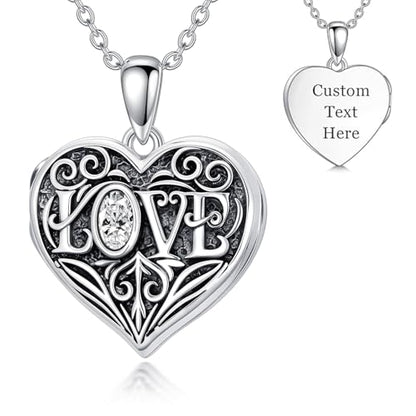 Mom Photo Locket Necklace 925 Sterling Silver Mothers Necklace Mother Photo Locket Pendant Mom Jewelry for Mother's Day - color: love-text