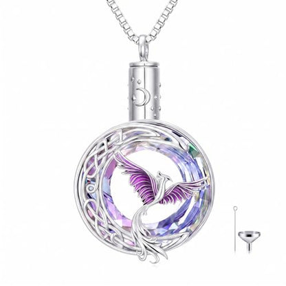 TOUPOP Phoenix Urn Necklace Cremation Jewelry for Ashes 925 Sterling Silver Crystal Phoenix Pendant with Funnel Filler Memorial Jewelry Gifts for Women - color: 02-Purple Phoenix