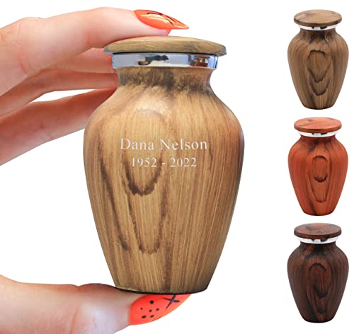 Personalized Maple Wood Finish Keepsake Cremation Urn for Ashes - Aluminum Urn with Painted Maple Grain Finish - 3 Cubic Inch Capacity [2.5 tablespoons of cremains] - for The Sharing of Ashes - color: Maple - Personalized