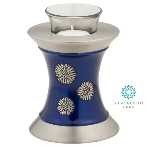 Flowers of Peace Tealight Urn for Ashes - Blue, Brass Memorial Candle Urn, Extra Small, 5.5 Inches High - color: Blue