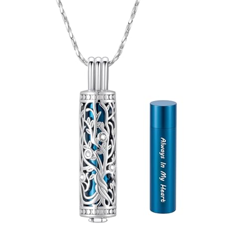 Cylinder Urn Necklace Crystal Tree of Life Cremation Jewelry Pendant for Women Men Vial Cremation Ash Pendant Loved One Memorial Jewelry with Mini Keepsake Urn Ash - Always In My Heart - color: Silver-Blue-Always In My Heart