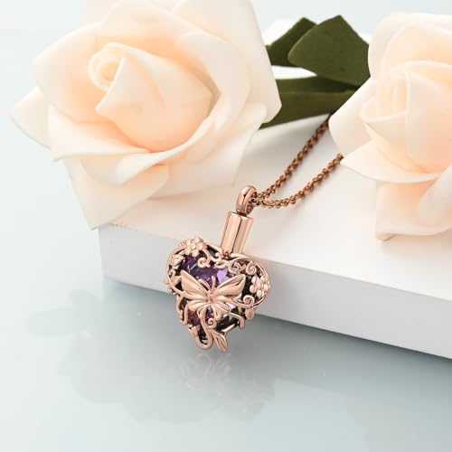 shajwo Butterfly Heart Urn Necklaces Cremation Jewelry for Ashes for Women Men Memorial Human Ashes Pendant - color: A Rose Gold-Purple