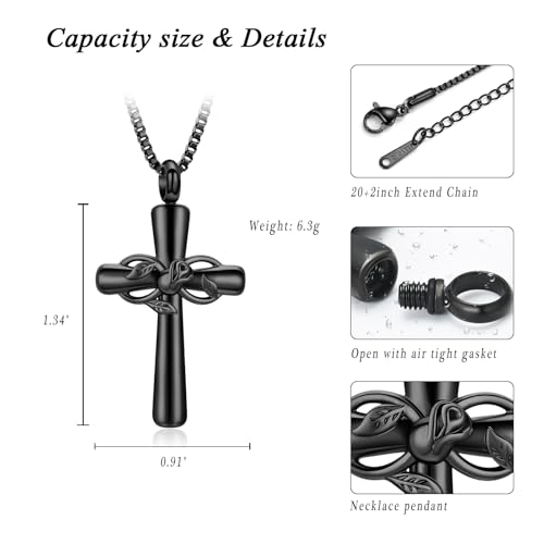 XSMZB Rose Flower Cross Cremation Jewelry for Ashes Human Pet Funeral Urn Pendant Cross Keepsake Ashes Necklace Memorial Gift - color: Black