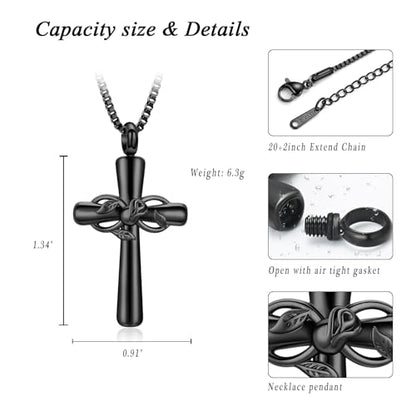 XSMZB Rose Flower Cross Cremation Jewelry for Ashes Human Pet Funeral Urn Pendant Cross Keepsake Ashes Necklace Memorial Gift - color: Black