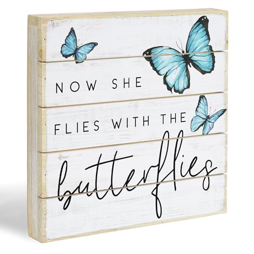 Simply Said, INC Perfect Pallets Petites Bereavement Decor, Now She Flies With Butterflies, 8 inch Wood Sign, Made in USA, PET19058 - color: Butterflies