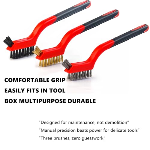 Wire Brush 9Pcs Metal Scrubber - Nylon/Brass/Stainless Steel Bristles with Curved Handle Grip for Cleaning Rust Removal, Dirt, Paint Scrubbing with Deep Cleaning – 7 Inches