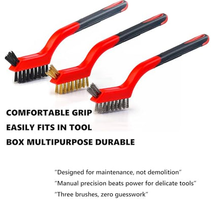 Wire Brush 9Pcs Metal Scrubber - Nylon/Brass/Stainless Steel Bristles with Curved Handle Grip for Cleaning Rust Removal, Dirt, Paint Scrubbing with Deep Cleaning – 7 Inches