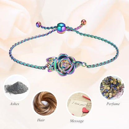 Minicremation Women's Adjustable Rose Urn Bracelet Ashes Holder Memorial Elegant Link Chain Keepsake Cremation Bangle to Hold Ashes - color: Colorful-B